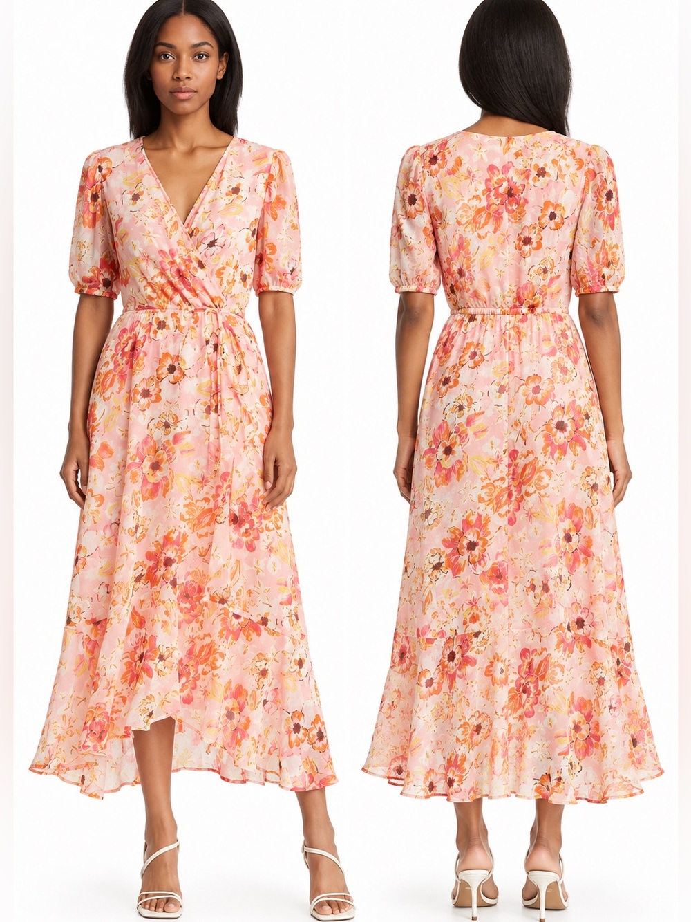 Harlow & Rose S Pink Floral Faux Wrap Midi Dress Ruffle Puff Sleeve